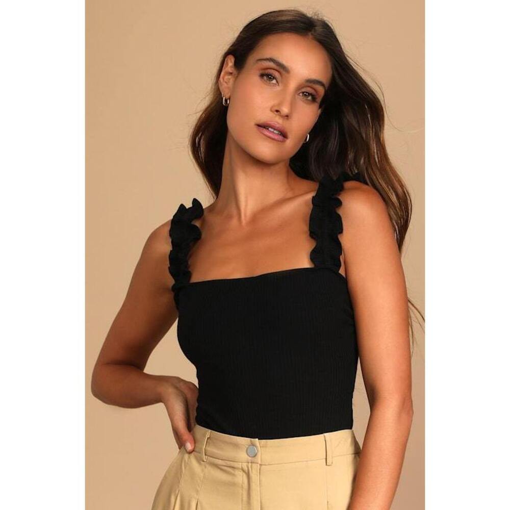 Lulus Musing About You Black Ribbed Ruffle Strap Bodysuit - Size L